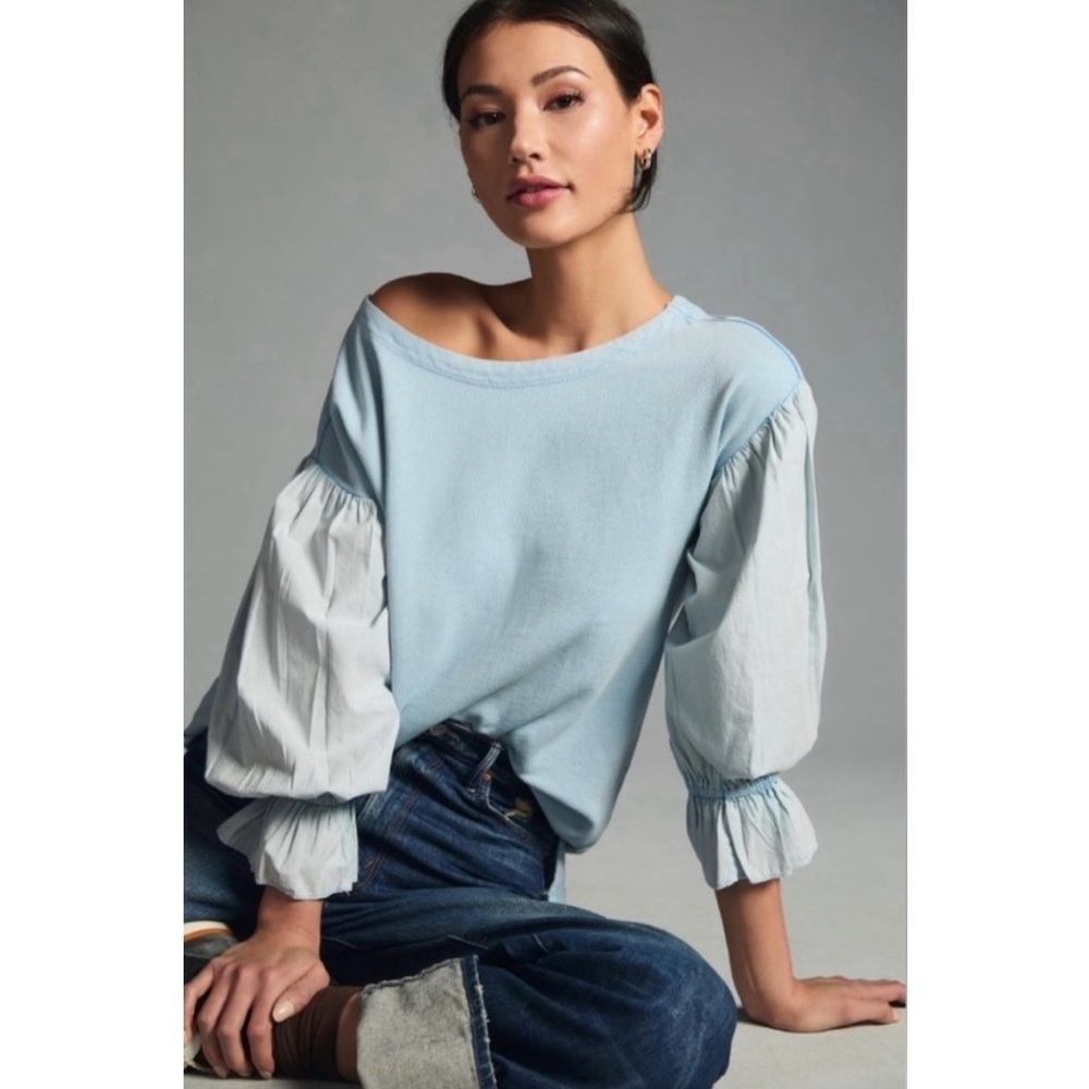 Anthropologie Pilcro Mixed-Media Puff Sleeve Pullover Sweatshirt in‎ Light Blue